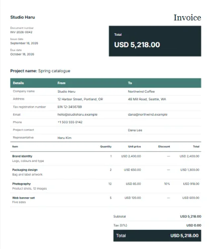 A sample invoice in the Balance card design