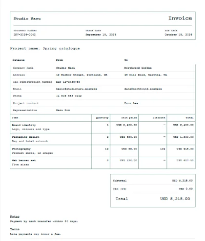 A sample invoice in the Blueprint design