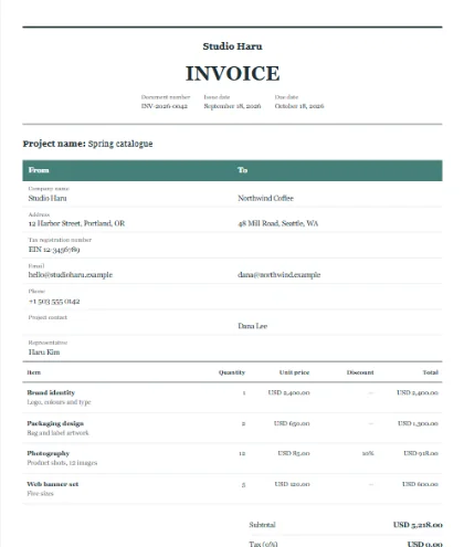 A sample invoice in the Newsprint design