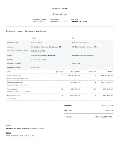 A sample invoice in the Receipt roll design