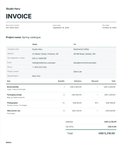 A sample invoice in the Swiss grid design