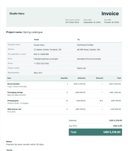 A sample invoice in the Accent wash design