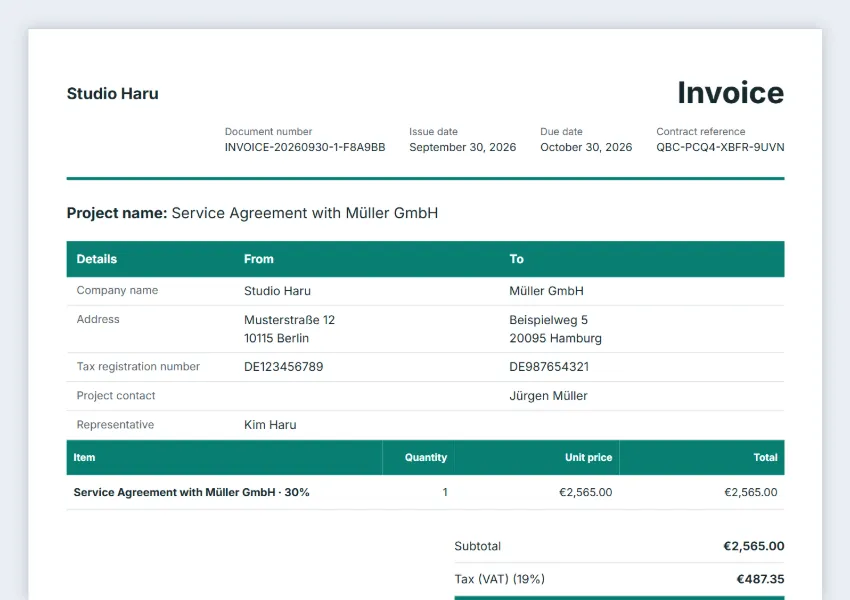An invoice made from a signed contract