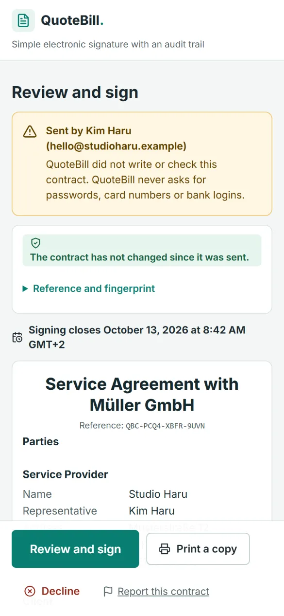 The signer’s phone: the contract to review and sign, with its fingerprint