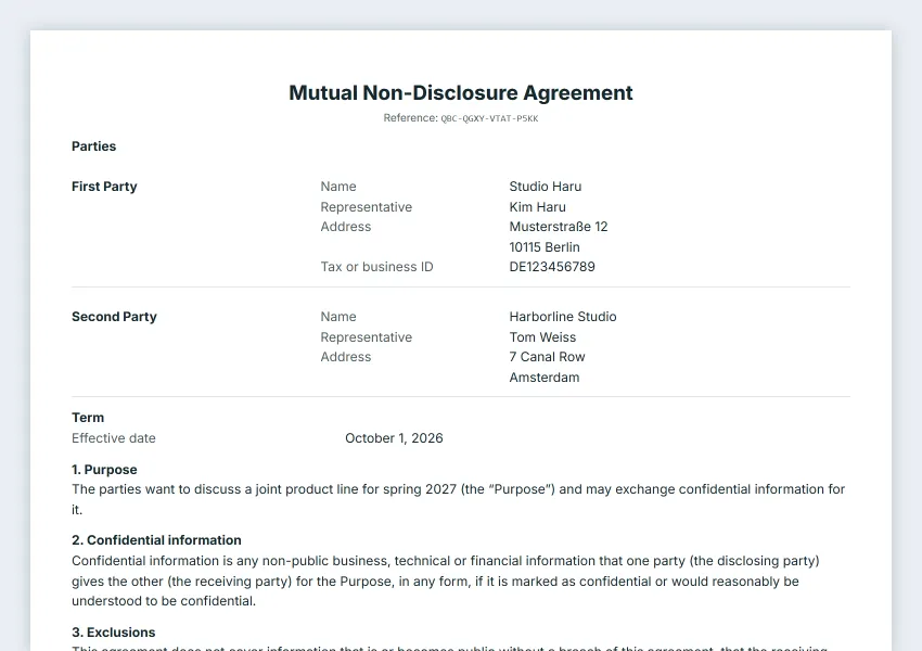 First page of the Non-disclosure agreement sample