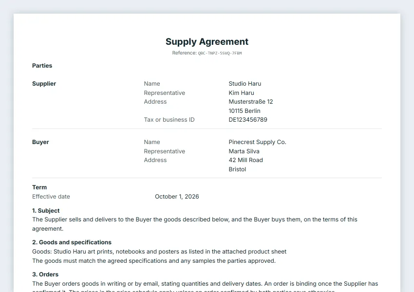 First page of the Sales and supply agreement sample